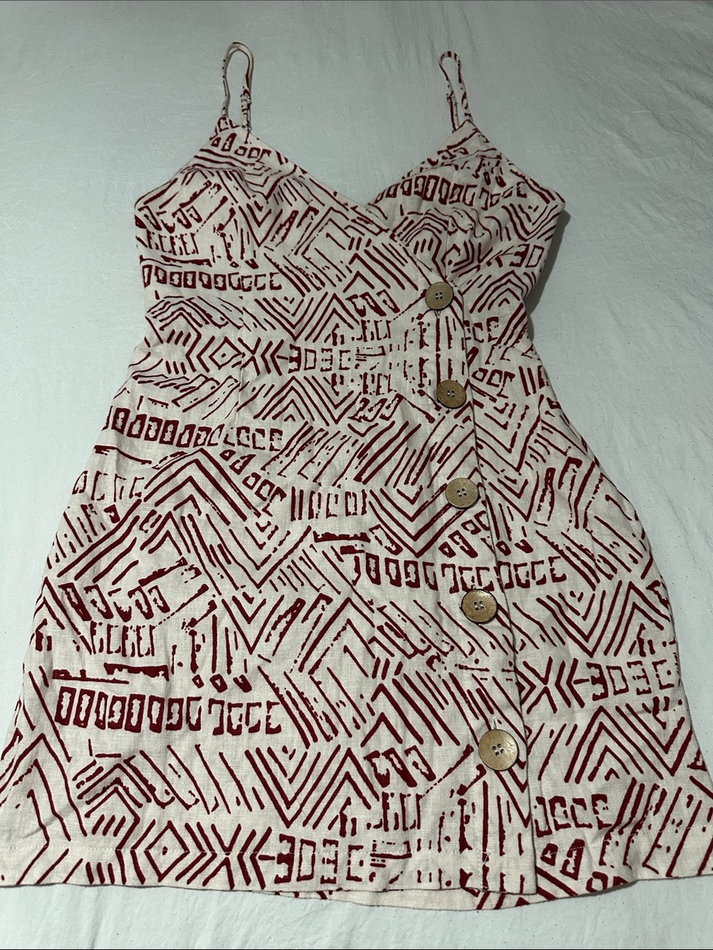 Spaghetti Strap Cream Dress with Red Geometric Print